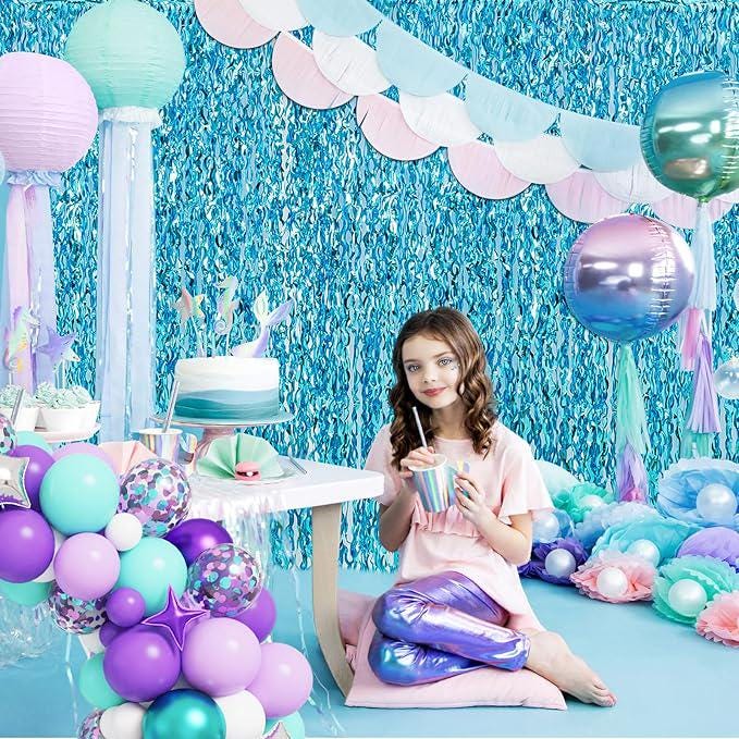 Teal Blue Tinsel Backdrop 4 Pack Wavy Foil Curtains for Underwater Party Decor