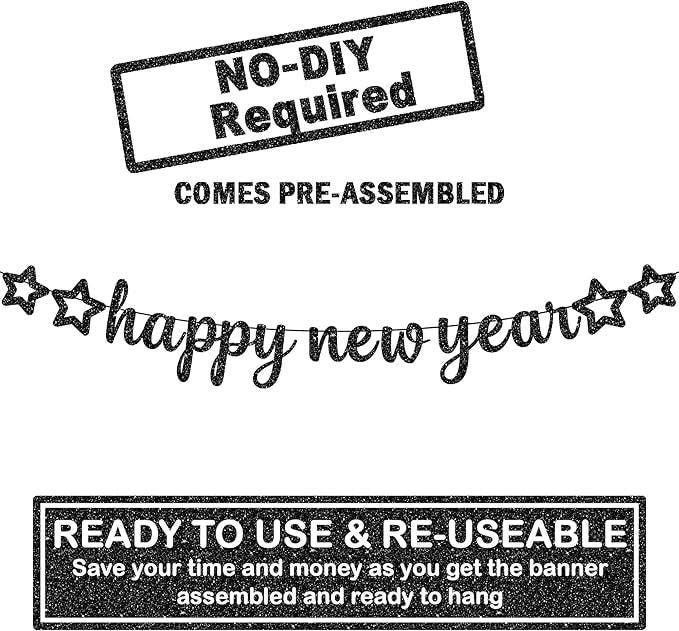 Glitter Happy New Year Black Banner 10 Feet New Years Eve Party Decor 2026