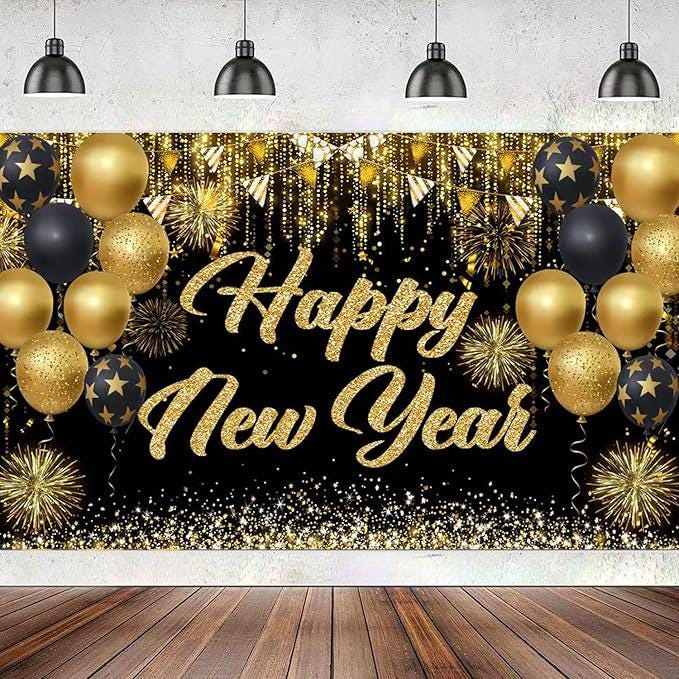Black and Gold Happy New Year Banner 71x43 Inches Large Backdrop for 2025
