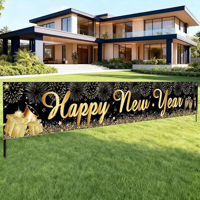 Happy New Year Yard Sign Banner 20x120 Inch Black and Gold Outdoor Decor 2026
