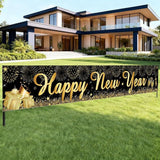 Happy New Year Yard Sign Banner 20x120 Inch Black and Gold Outdoor Decor 2026