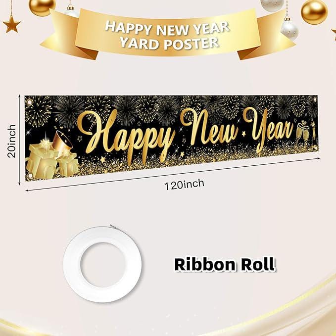Happy New Year Yard Sign Banner 20x120 Inch Black and Gold Outdoor Decor 2026