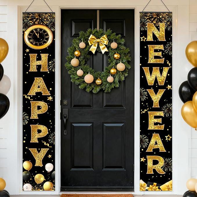 Happy New Year Door Banner 2026: Black & Gold Porch Decor
