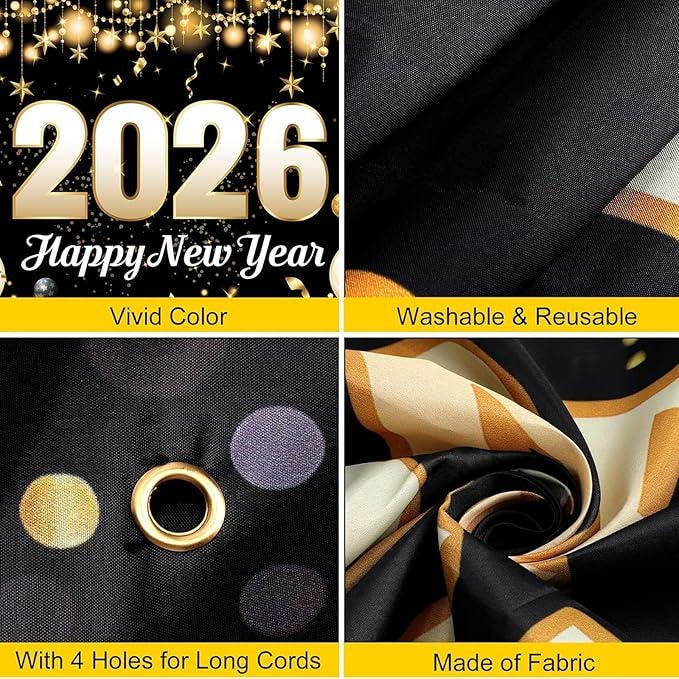 Extra Large Happy New Year Banner 2026 70x43 Inches Backdrop Party Decor