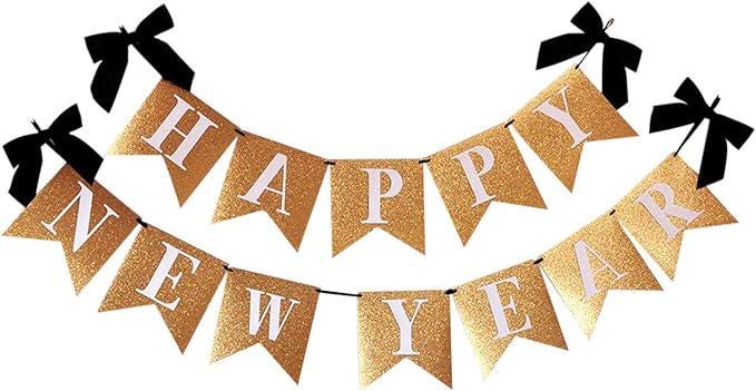 Gold Glitter Happy New Year Banner 10 Feet Party Sign and Decorations 2026