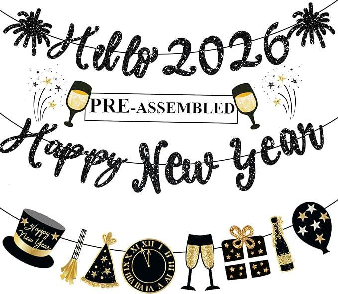 Happy New Year Black Glitter Banner Pre-Strung 2026 NYE Party Decorations