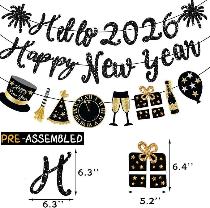 Happy New Year Black Glitter Banner Pre-Strung 2026 NYE Party Decorations