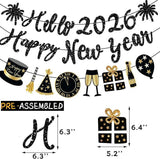 Happy New Year Black Glitter Banner Pre-Strung 2026 NYE Party Decorations