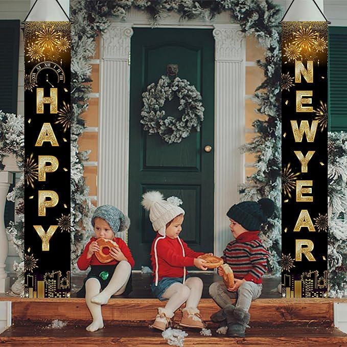 Happy New Year Black and Gold Door Banner 71x12 Inch Indoor Outdoor Decor