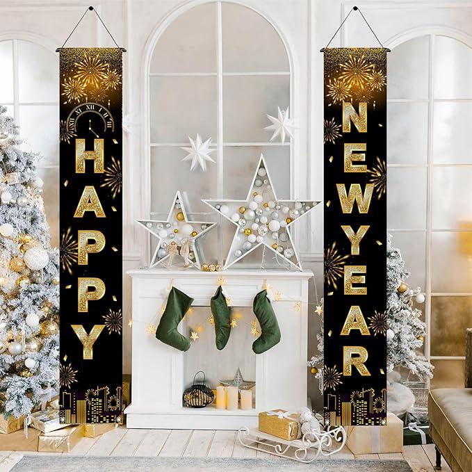 Happy New Year Black and Gold Door Banner 71x12 Inch Indoor Outdoor Decor