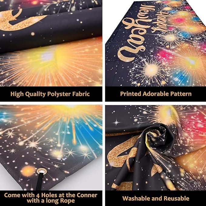 Extra Large Happy New Year Banner 72x44 Inch Black and Gold Party Backdrop 2026