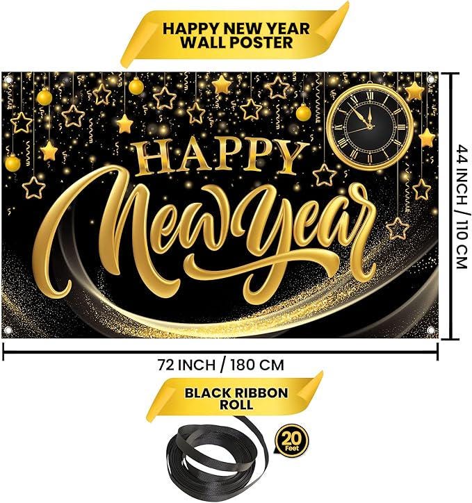 Extra Large Happy New Year Banner 2026 72x44 Inch Backdrop Party Decorations