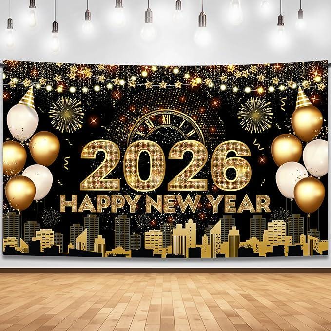 Extra Large Happy New Year Banner 72x44 Inch Gold Party Decorations 2026