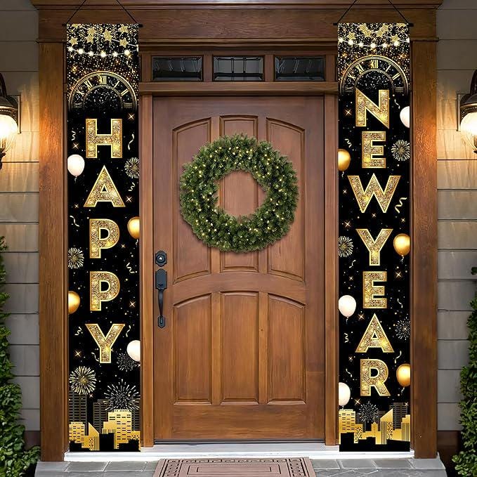 Extra Large Happy New Year 2026 Door Banner, Black and Gold Party Decor