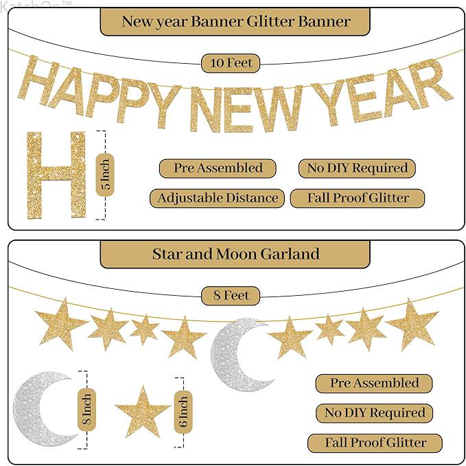 Glitter Happy New Year Banner Pack of 17 Garland Stars and Paper Fans 2026