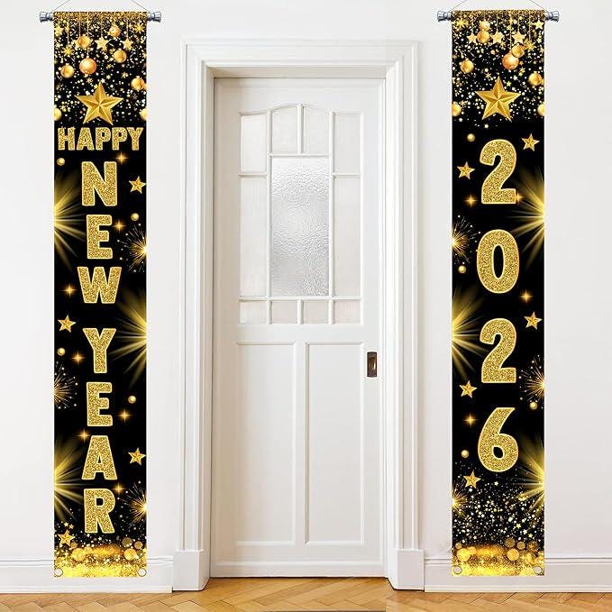 Black and Gold Happy New Year Banner 2026 72x12 Inch Door and Party Decor