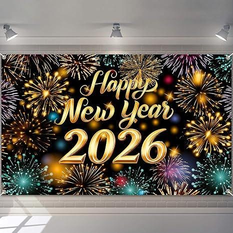 Happy New Year Banner 2026 Firework Backdrop Party Decorations