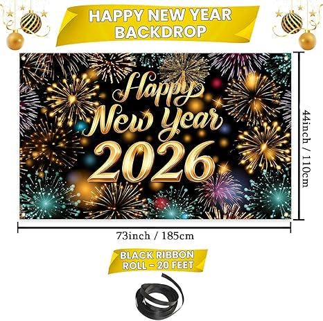 Happy New Year Banner 2026 Firework Backdrop Party Decorations
