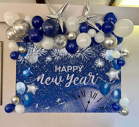 Happy New Year Backdrop 2026 Blue Glitter Fireworks 7x5ft Party Photo Booth Decor