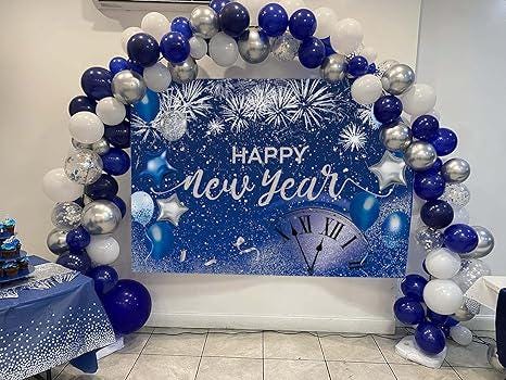Happy New Year Backdrop 2026 Blue Glitter Fireworks 7x5ft Party Photo Booth Decor