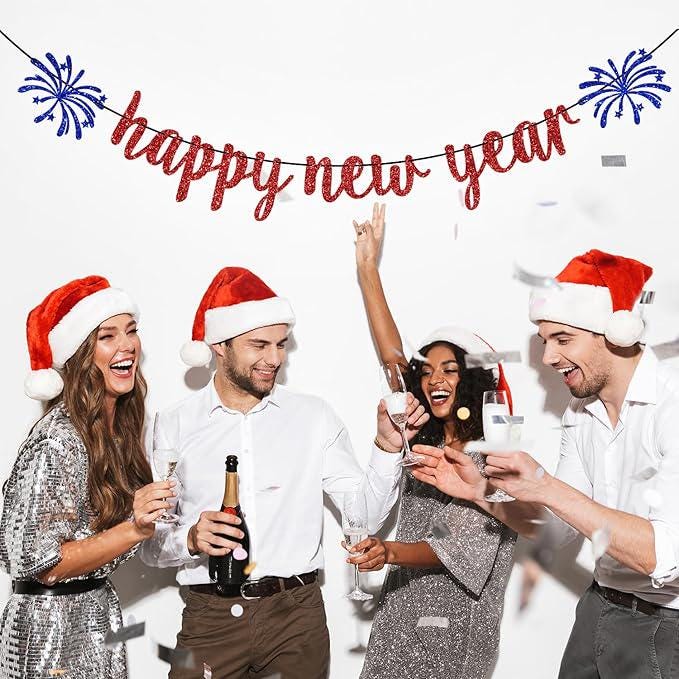Happy New Year Banner 2026 Red Glitter Party Decorations and New Years Eve Supplies