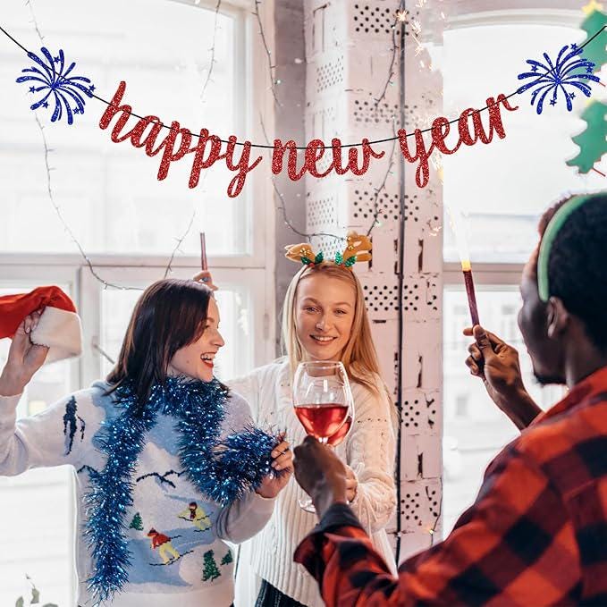 Happy New Year Banner 2026 Red Glitter Party Decorations and New Years Eve Supplies