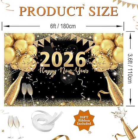 New Years Eve Party Backdrop 2026 Black and Gold Balloon Banner 70x43 Inch