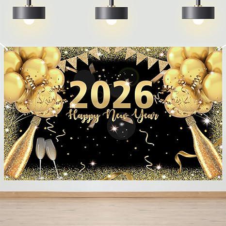New Years Eve Party Backdrop 2026 Black and Gold Balloon Banner 70x43 Inch