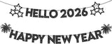 Glitter Black Happy New Year Banner 2026 10 Feet Hello 2026 Party Decor
