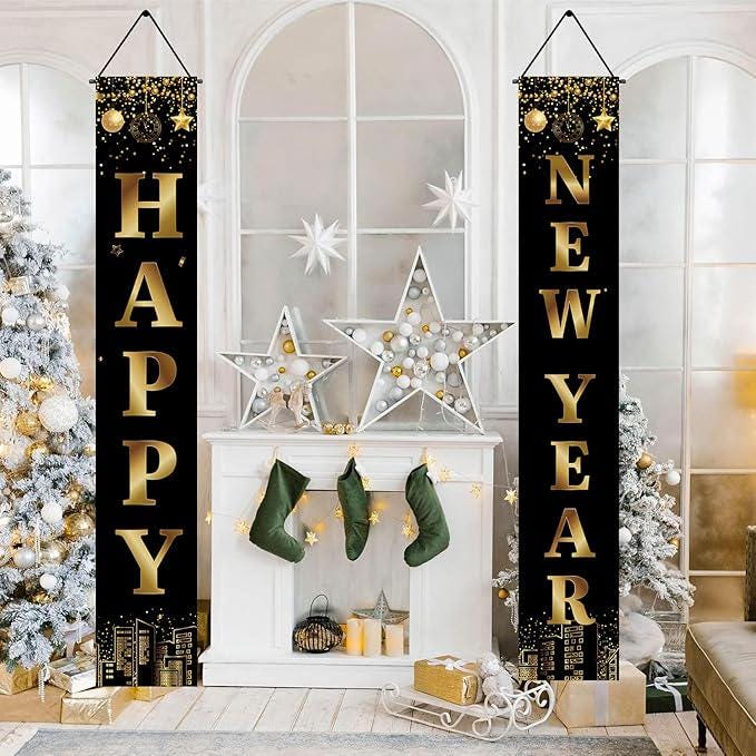 Happy New Year Banner 2026 Black and Gold Party Decorations NYE Supplies