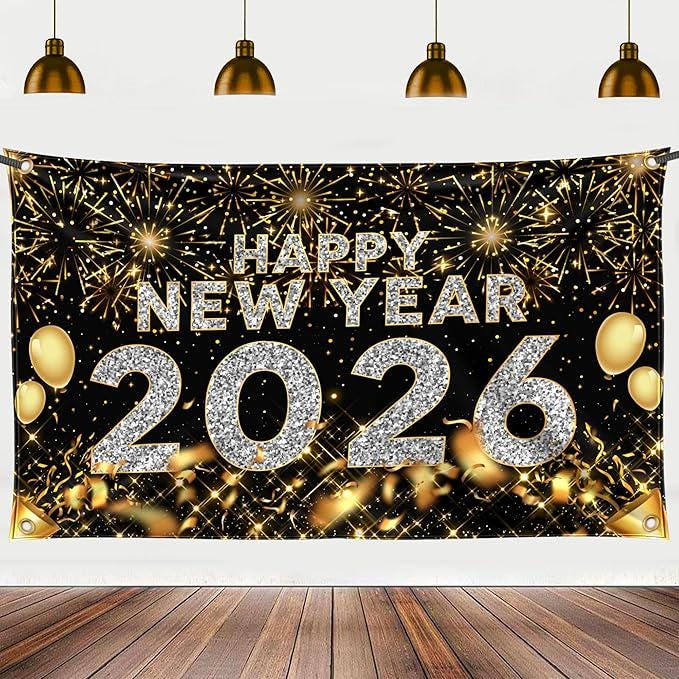 Large Happy New Year Banner 2026 72x44 Inch Party Decorations and NYE Supplies