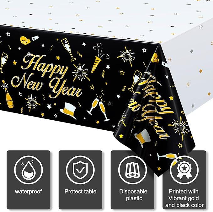 Black & Gold New Year Tablecloths 2026, Party Table Covers, 3-Piece Set