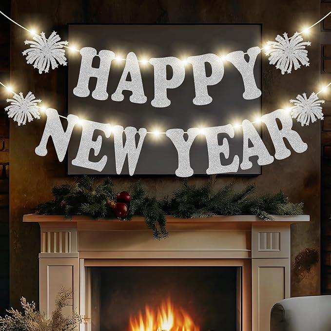 Silver Happy New Year Banner 2026 Lighted Glitter Decor for Party and Home