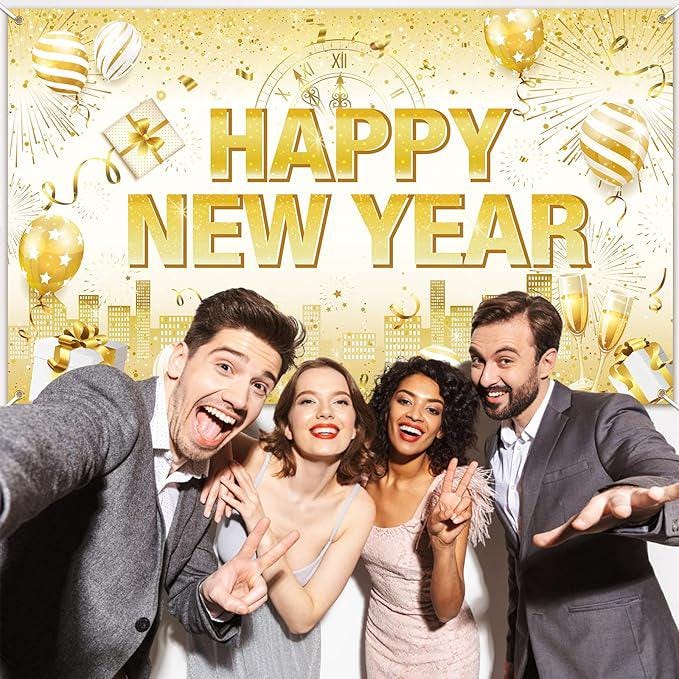 White Gold Happy New Year Banner 2026 Backdrop for NYE Party Decor