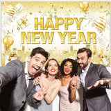 White Gold Happy New Year Banner 2026 Backdrop for NYE Party Decor
