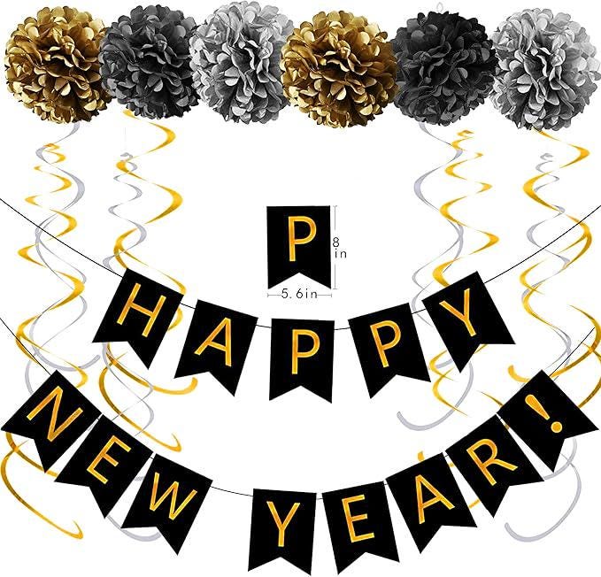 Gold Black Happy New Year Banner 2026 NYE Party Decorations and Supplies