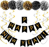 Gold Black Happy New Year Banner 2026 NYE Party Decorations and Supplies