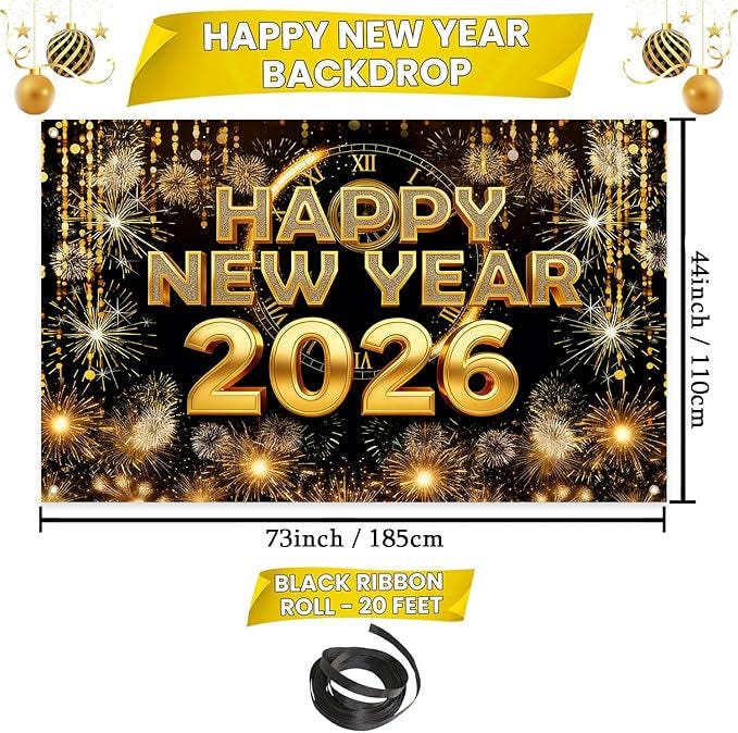 2026 Happy New Year Banner Backdrop Firework Pattern for NYE Party Decor