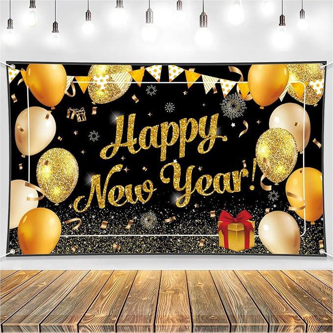 Black Gold New Year Party Banner 2026 Backdrop NYE Photo Props and Decor