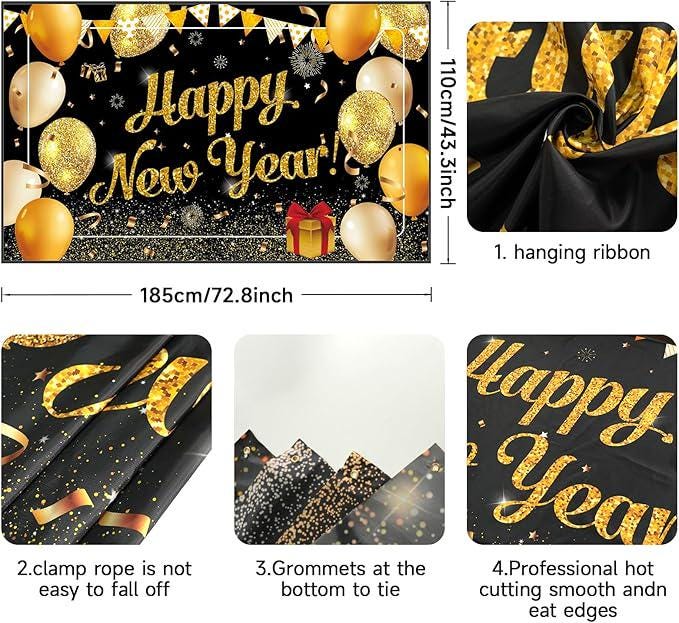Black Gold New Year Party Banner 2026 Backdrop NYE Photo Props and Decor