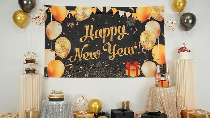 Black Gold New Year Party Banner 2026 Backdrop NYE Photo Props and Decor