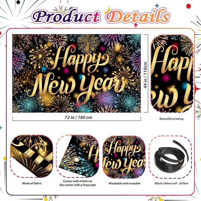 2026 Happy New Year Backdrop Banner Firework Pattern NYE Party Wall Decor