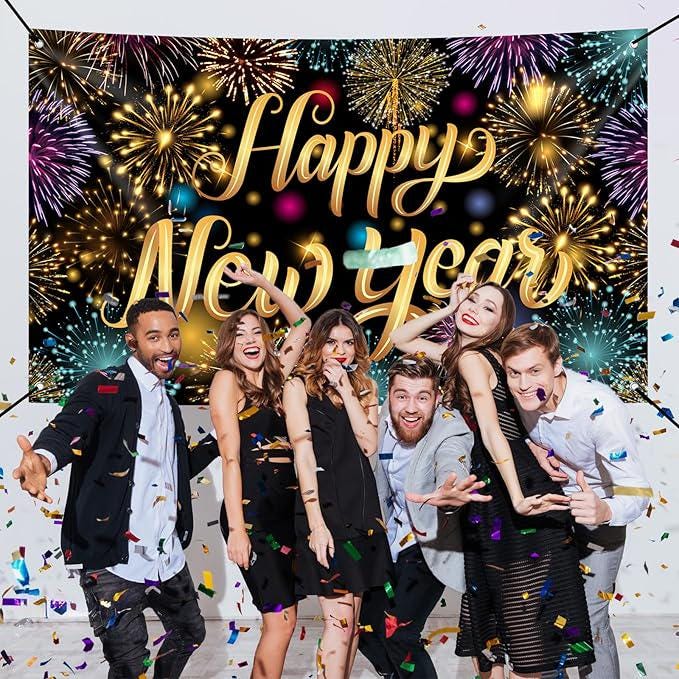 2026 Happy New Year Backdrop Banner Firework Pattern NYE Party Wall Decor