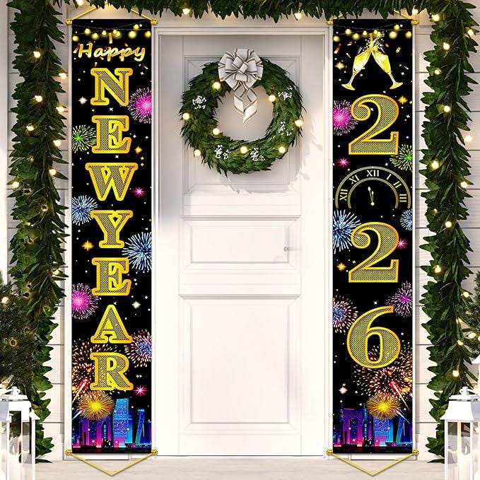 Happy New Year 2026 Banner: Gold Fireworks, Festive Fabric (71x12in)