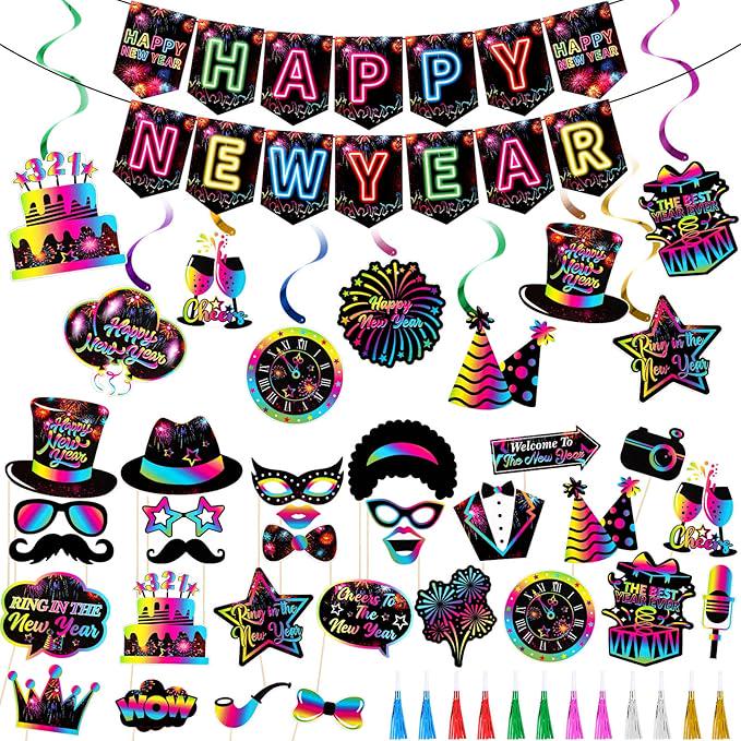 51pcs Neon Happy New Year Party Supplies 2026 Ceiling Swirls Photo Booth Decor