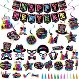 51pcs Neon Happy New Year Party Supplies 2026 Ceiling Swirls Photo Booth Decor