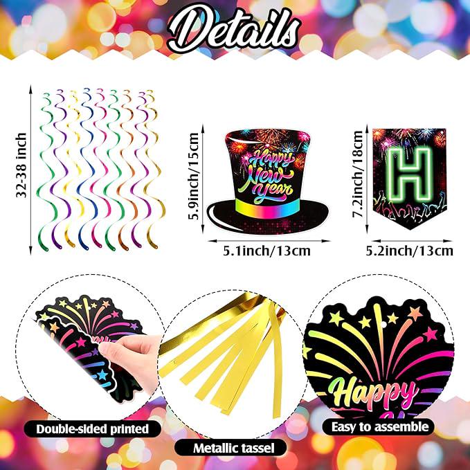 51pcs Neon Happy New Year Party Supplies 2026 Ceiling Swirls Photo Booth Decor