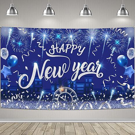 Silver Happy New Year Backdrop Banner Large Fabric NYE Party Decor