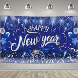 Silver Happy New Year Backdrop Banner Large Fabric NYE Party Decor