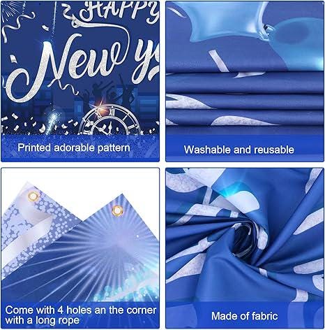 Silver Happy New Year Backdrop Banner Large Fabric NYE Party Decor